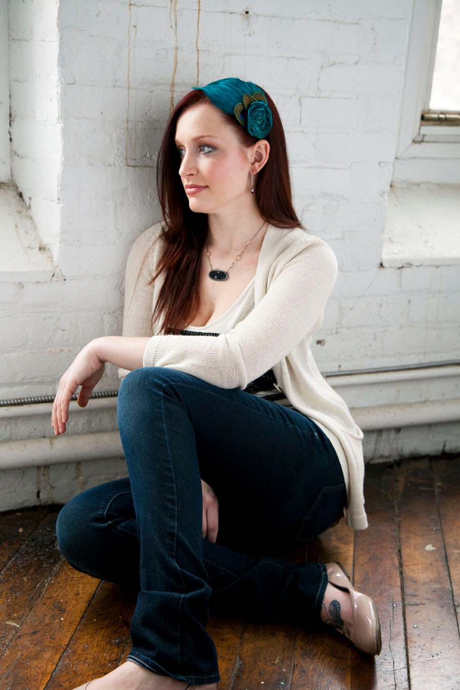 Peacock Blue Feather Headband with flower - Made to order