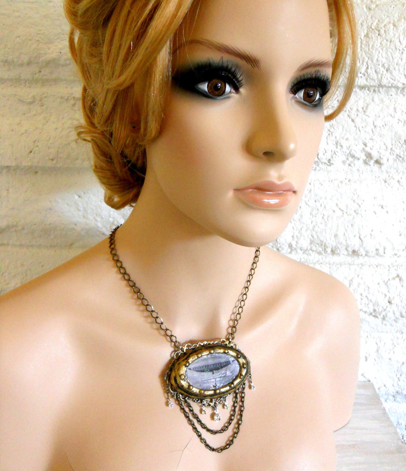 Steampunk airship Pendant Henri Giffard Dirigible image with antique brass chain and Crystals