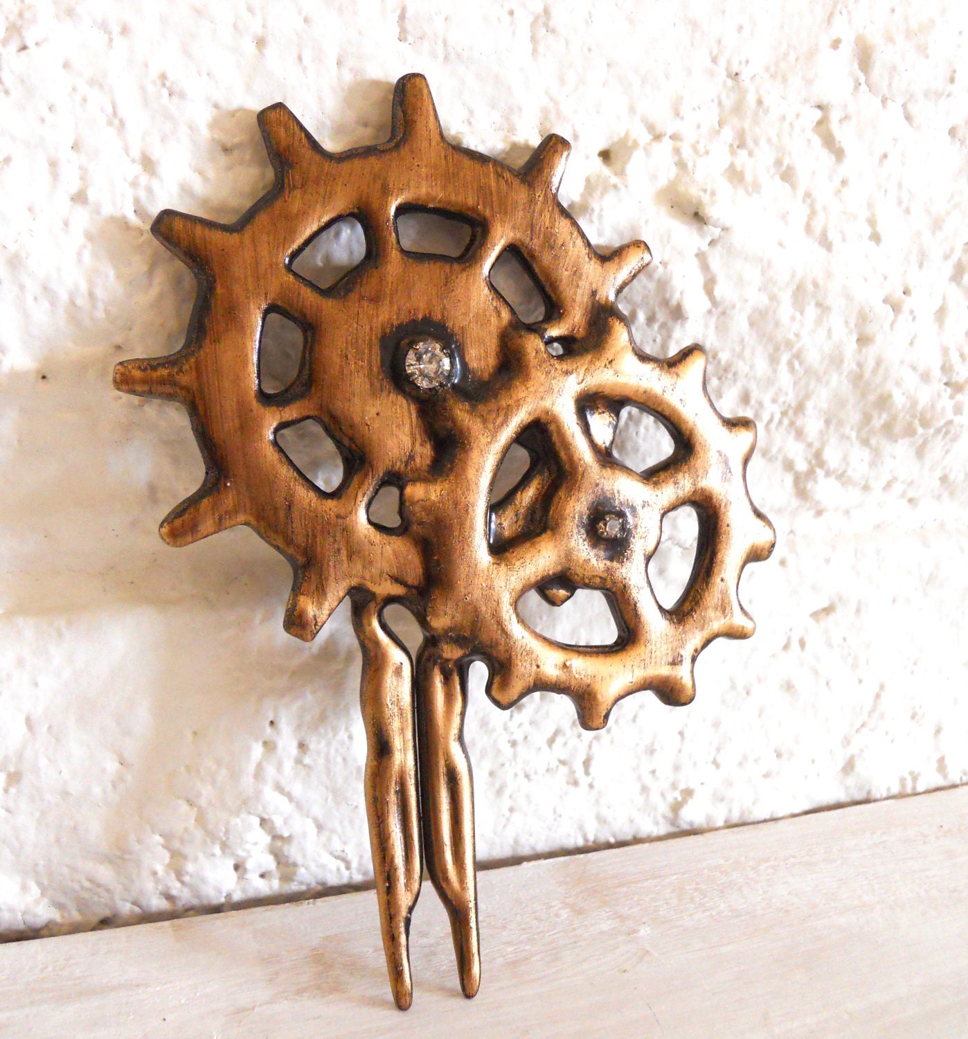 Cogs Gears hair stick Steampunk distressed  Antique Gold- Elegant Machinery
