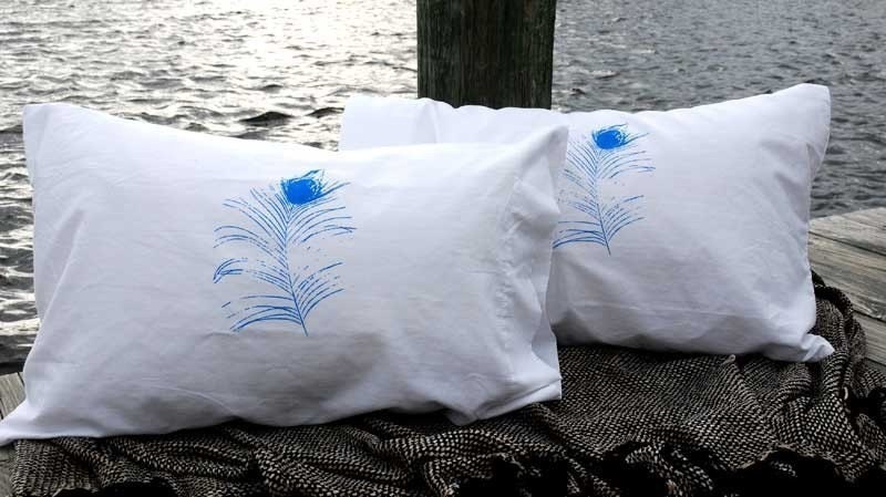 Peacock Feather Pillowcase Pair Standard Blue on White