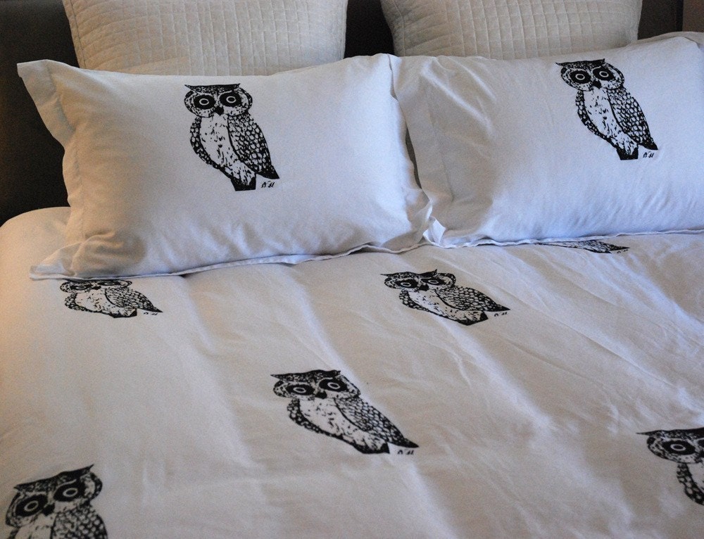 Hand screen printed Owl Duvet Set Full/Queen Size