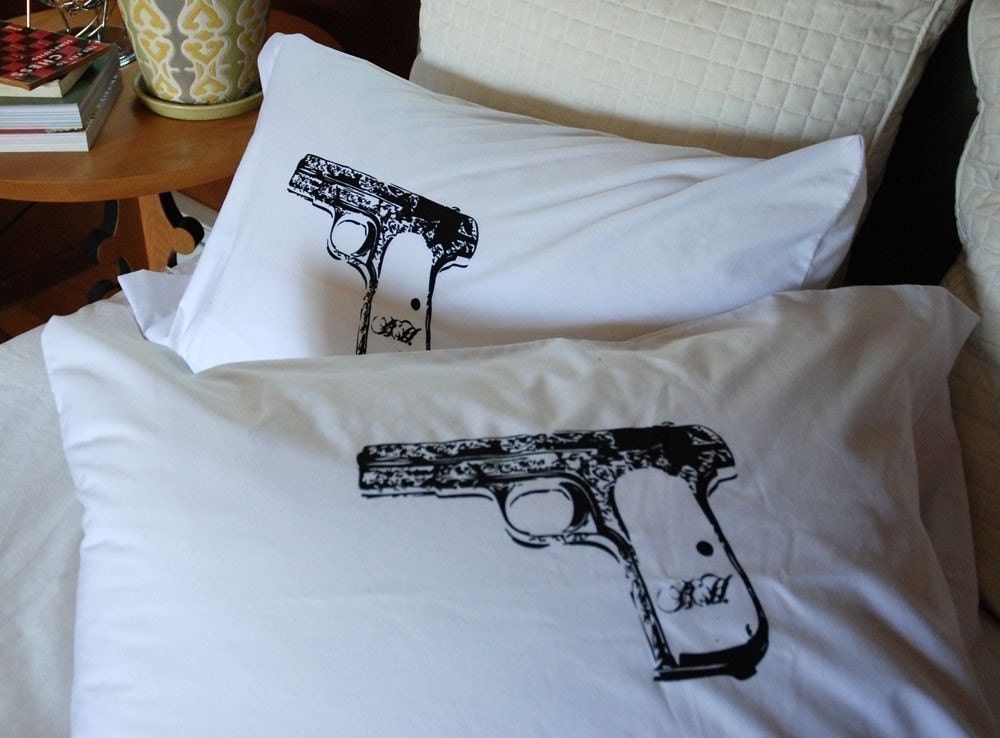 Pistol Hand Screen Printed Pillowcase Pair Standard Black on White- Bedding- Modern Bedding- Gun Pillowcase-