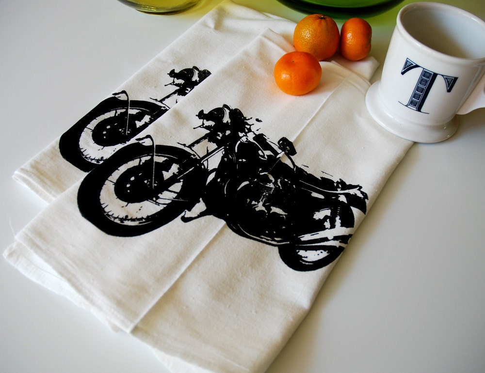 Screen Printed Vintage Motorcycle Tea Towel Pair- Dish Towel- Motorcycle Towel- Bar Towel- Flour Sack Towel- Kitchen Towel- Towel Pair