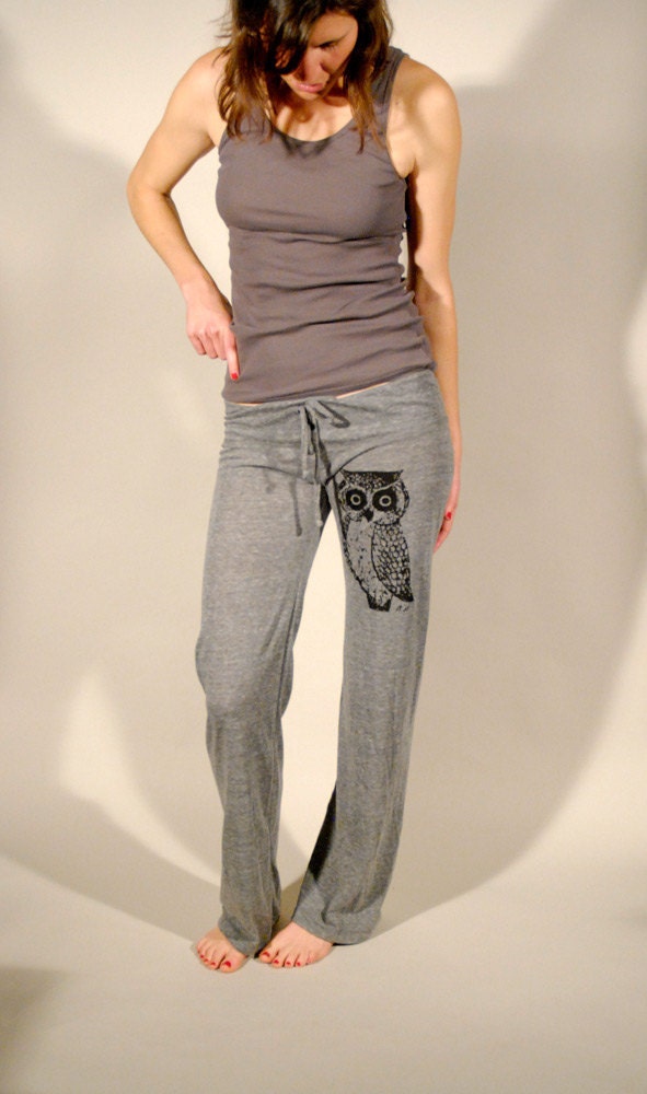 Owl Women's  Eco Grey Screen Printed Pant- Owl Pant- Sweatpants- Yoga- Drawstring Pant- Bird Pant