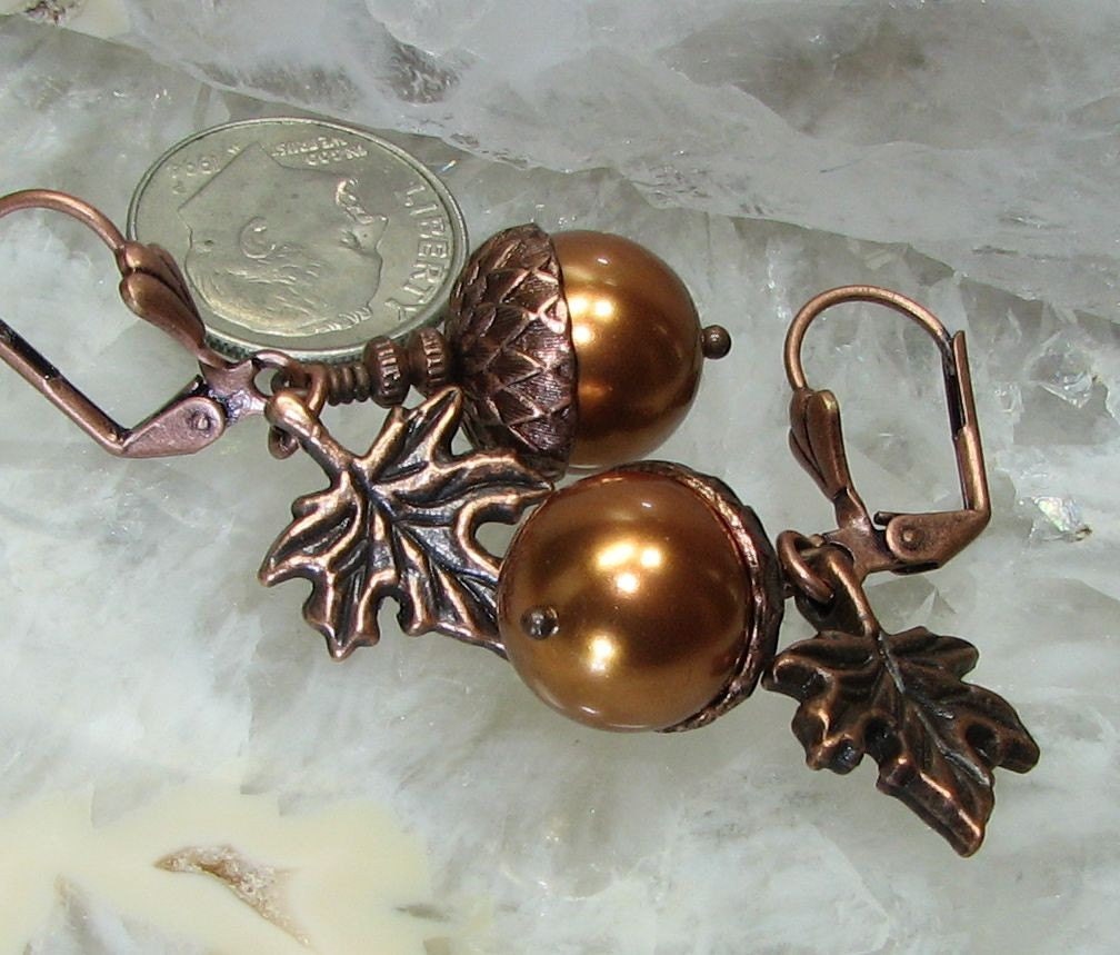 Maple Leaf Copper Acorn Earrings - Swarovski Pearls Canadian Hockey Team
