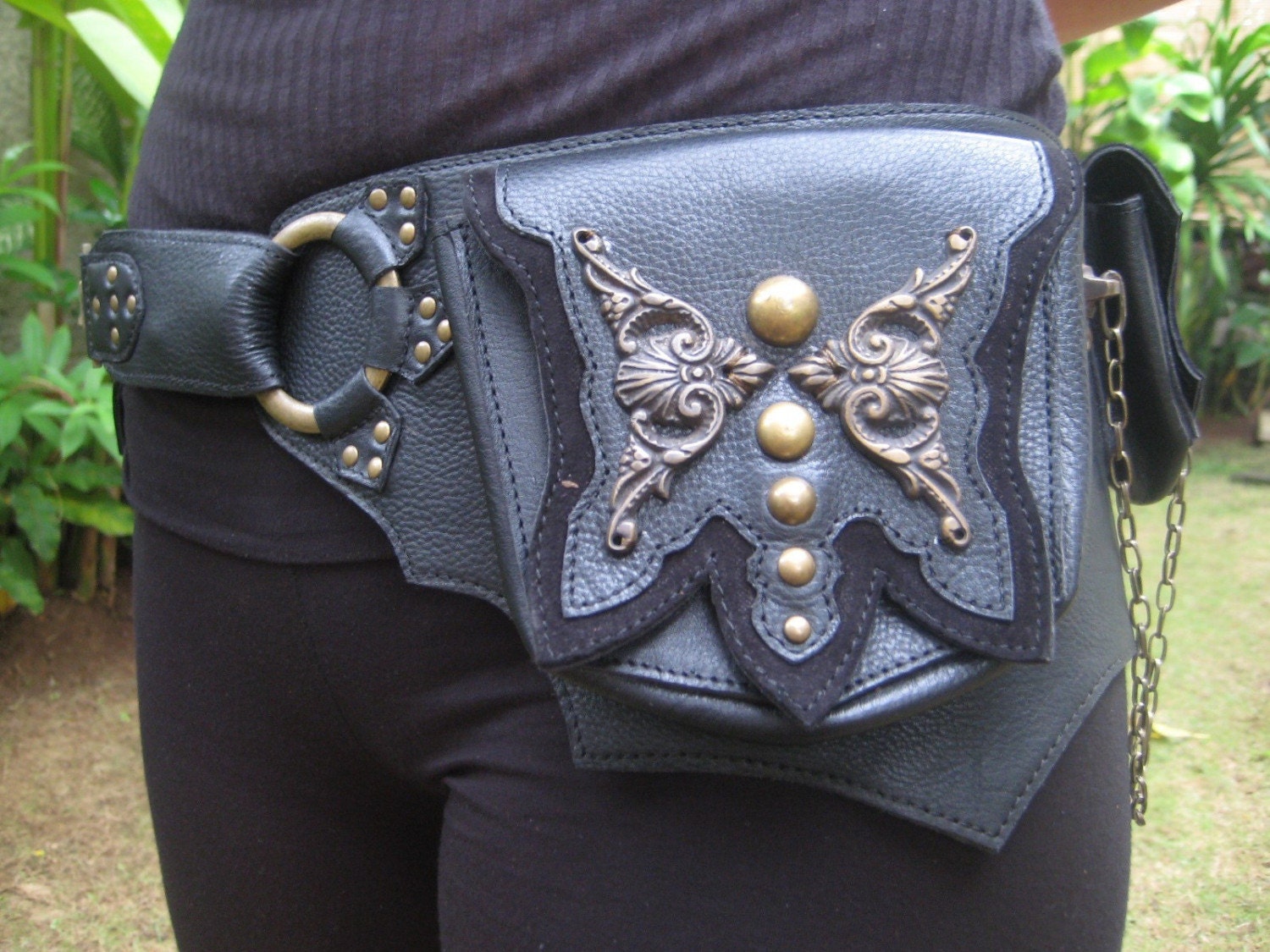 Brass Butterfly Turquoise Belt Bag in Black