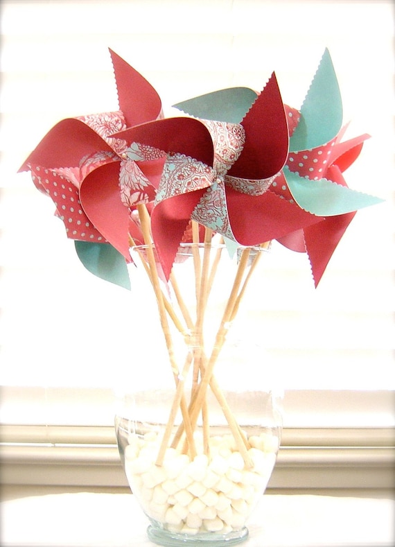8 Large Twirlable Pinwheels Raspberry Robins Egg Tiffany Blue Polkadots Gourmet Vintage Photo Props Spinning ooak