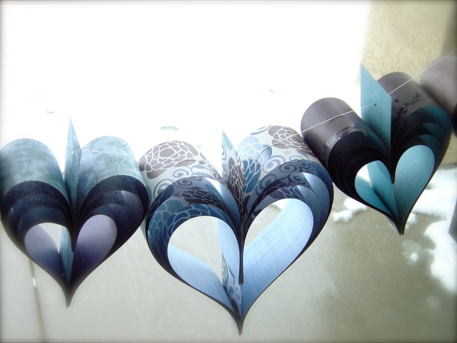 SALE Paper Hearts Wedding Garland Banner Vintage French Papiere Chocolate Brown and Indigo Hues of Blue Hand Crafted OOAK Shabby Chic