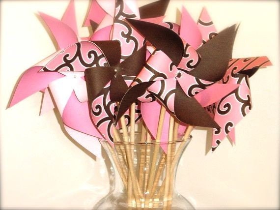 6 PC Spinning Large Twirlable Pinwheels Whimsical Pink and Brown Scroll Bouquet set Photo Props