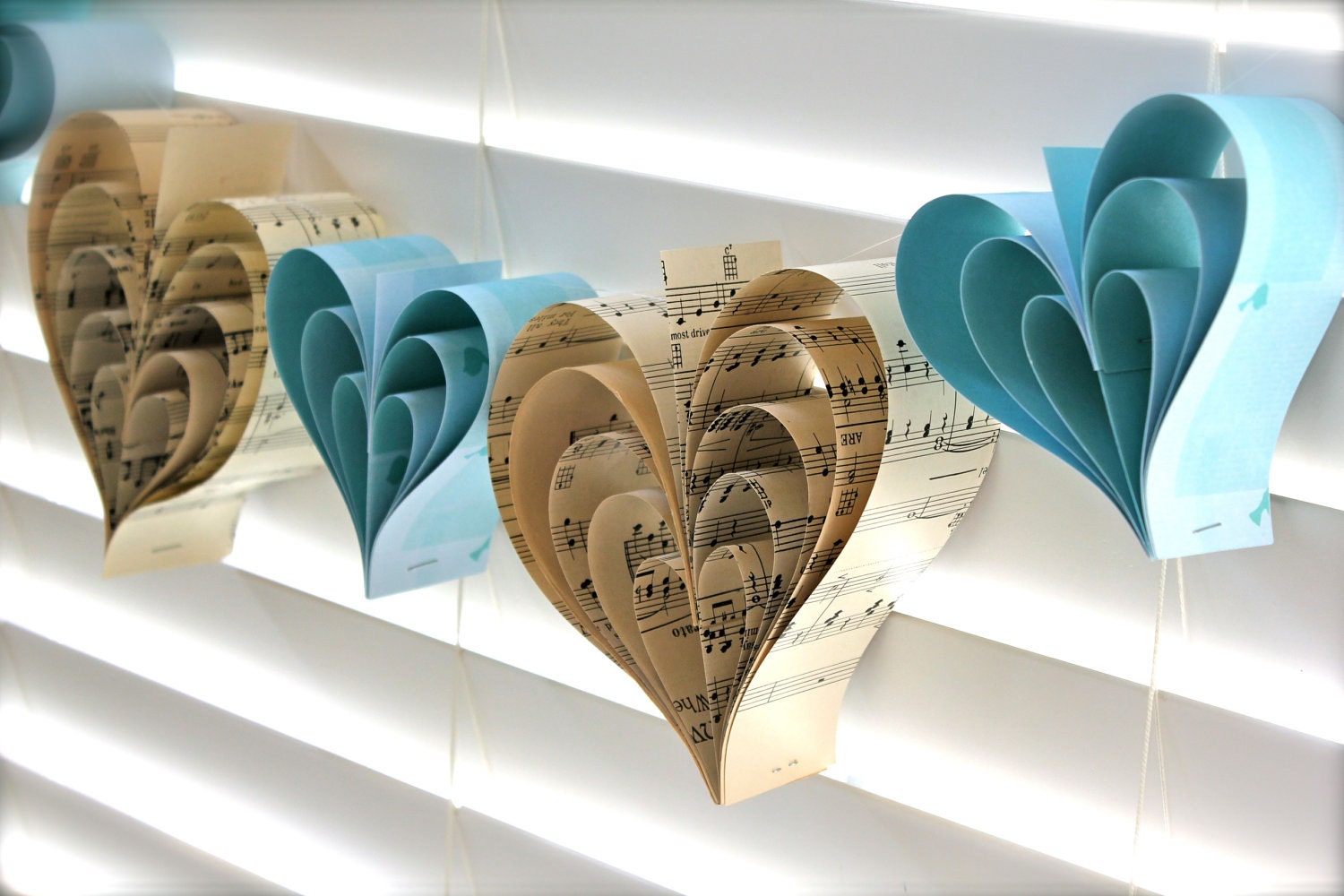 Paper Hearts Vintage Tiffany Blue Wedding Garland Sheet Music Banner Hand Crafted ooak Large French Paperie CUSTOM ORDERS WELCOME