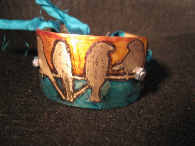 etched metal birds on a wire recycled leather cuff womens jewelry