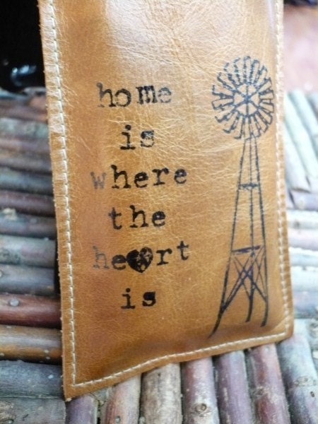 Ipod iphone sleeve leather handprinted home is where the heart is