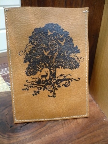 Ipod iphone sleeve leather handprinted custom Tree of Life