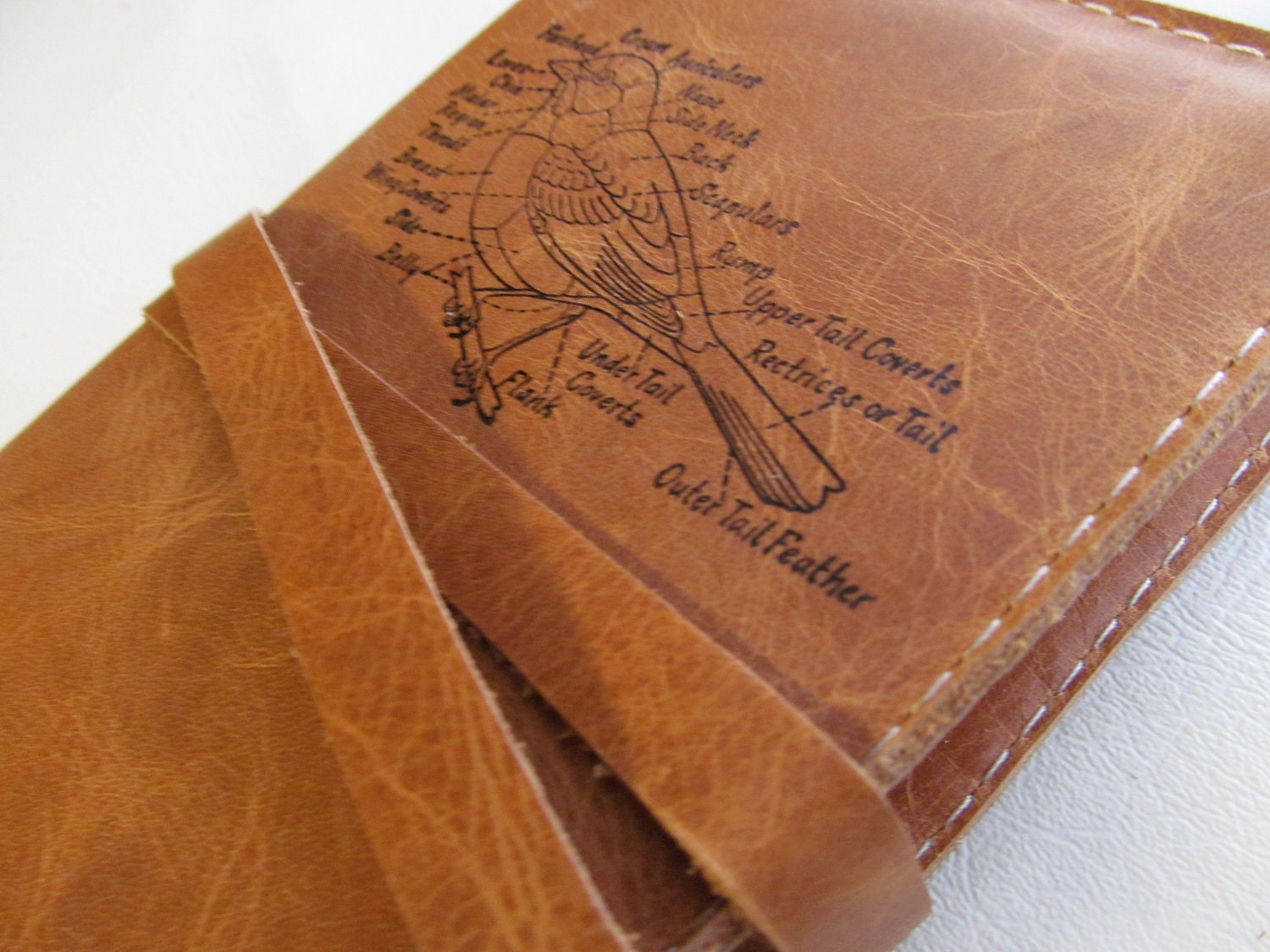 Leather journal or sketchbook featuring diagrammed bird with free personalization