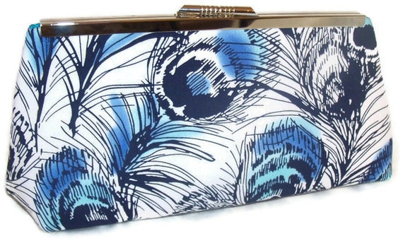 Peacock Feathers in Blue clutch - white with blue and turquoise peacock feathers - Bridal - silver metal frame clutch