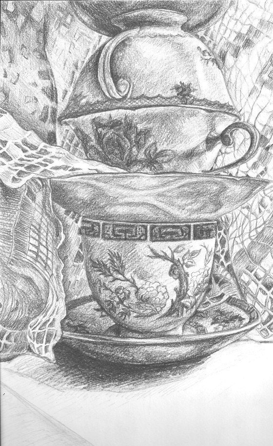 Tea Cups and Lace Original Graphite Drawing on Paper/ Small Art/ Crochet/ Still Life/ Black, White, Gray