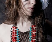 Tribal Necklace Chain Maille  - Warrior Princess Breastplate - Black Chain Maille with Beads in Turquoise and Rusty Red - Ladder Chest Plate