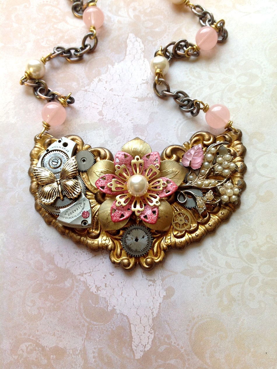 Steampunk Flower Necklace - Pink Enamel Flowers with Faux Pearls Butterfly and Watch Gears - Primrose and Pearls
