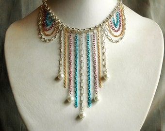 Deco Rainbow Chain Fringe Necklace - Cute Draped Chain in Silver Gold Pink and Blue