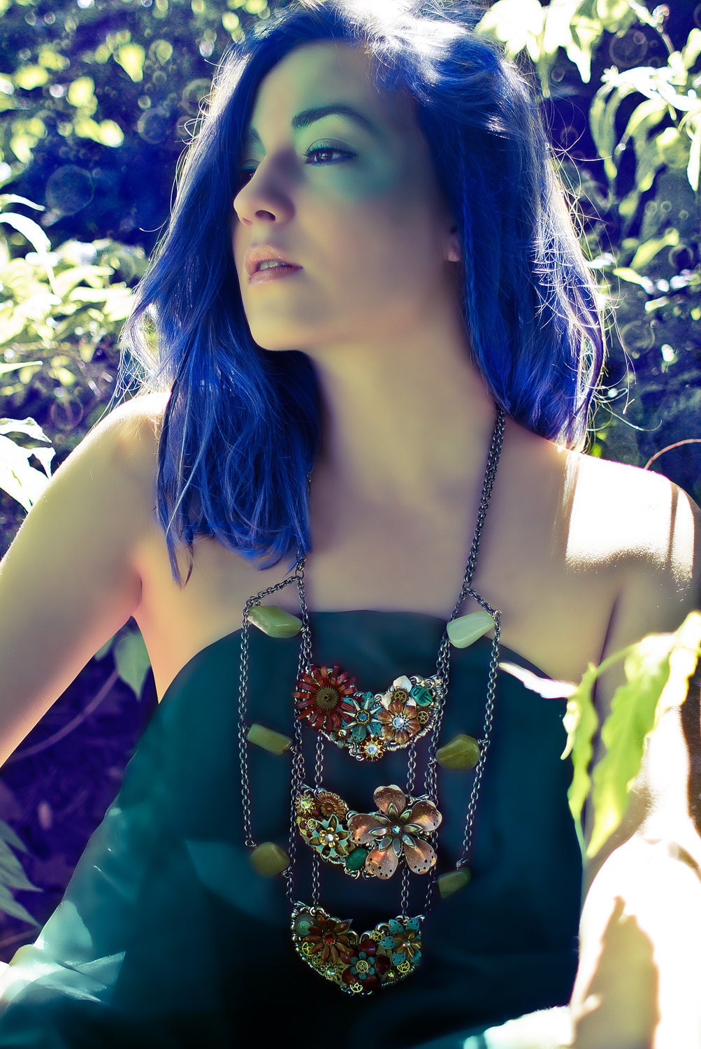 Atlantis Garden - Steampunk Goddess Breastplate Necklace with Enamel Flowers and Watch Gears