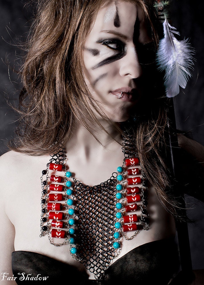 Tribal Necklace Chain Maille  - Warrior Princess Breastplate - Black Chain Maille with Beads in Turquoise and Rusty Red - Ladder Chest Plate