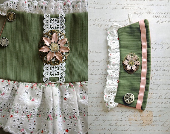Steampunk Cuffs - Steampunk Victorian Tea Party Cuffs with Shabby Chic Eyelet Lace and Steampunk Clock