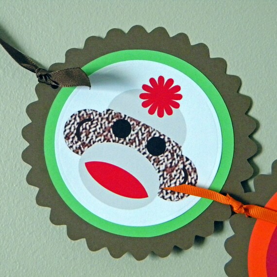 Sock Monkey Banner - Happy Birthday, Scalloped Circles, Made to Order with Your Favorite Colors Il_570xn