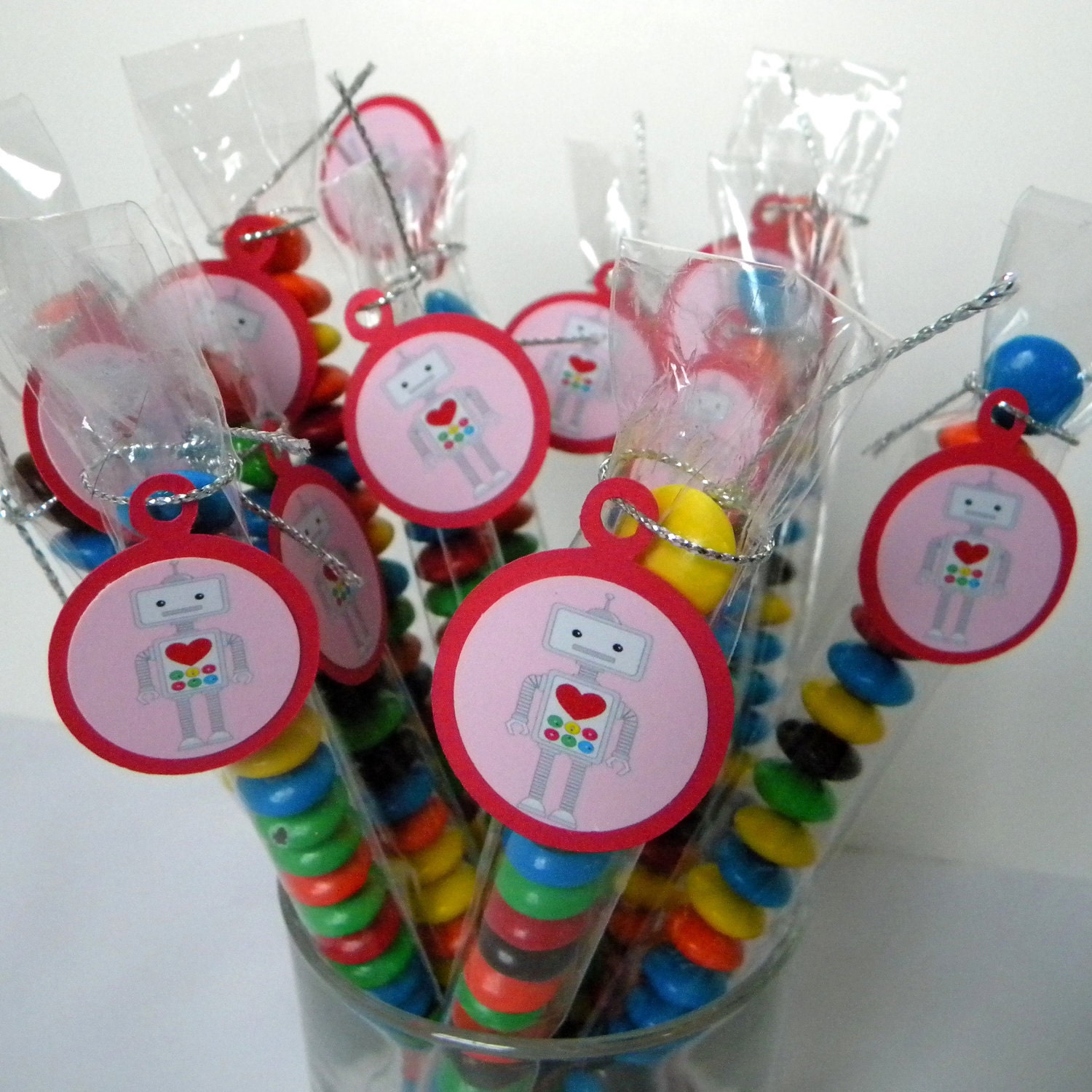 Robot Candy Treat Bag Favors, Set of 12, Hearts, Red, Pink Il_570xn