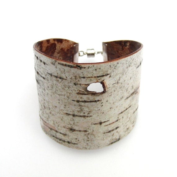 Medium size birch bark cuff bracelet, Woodpecker Hole