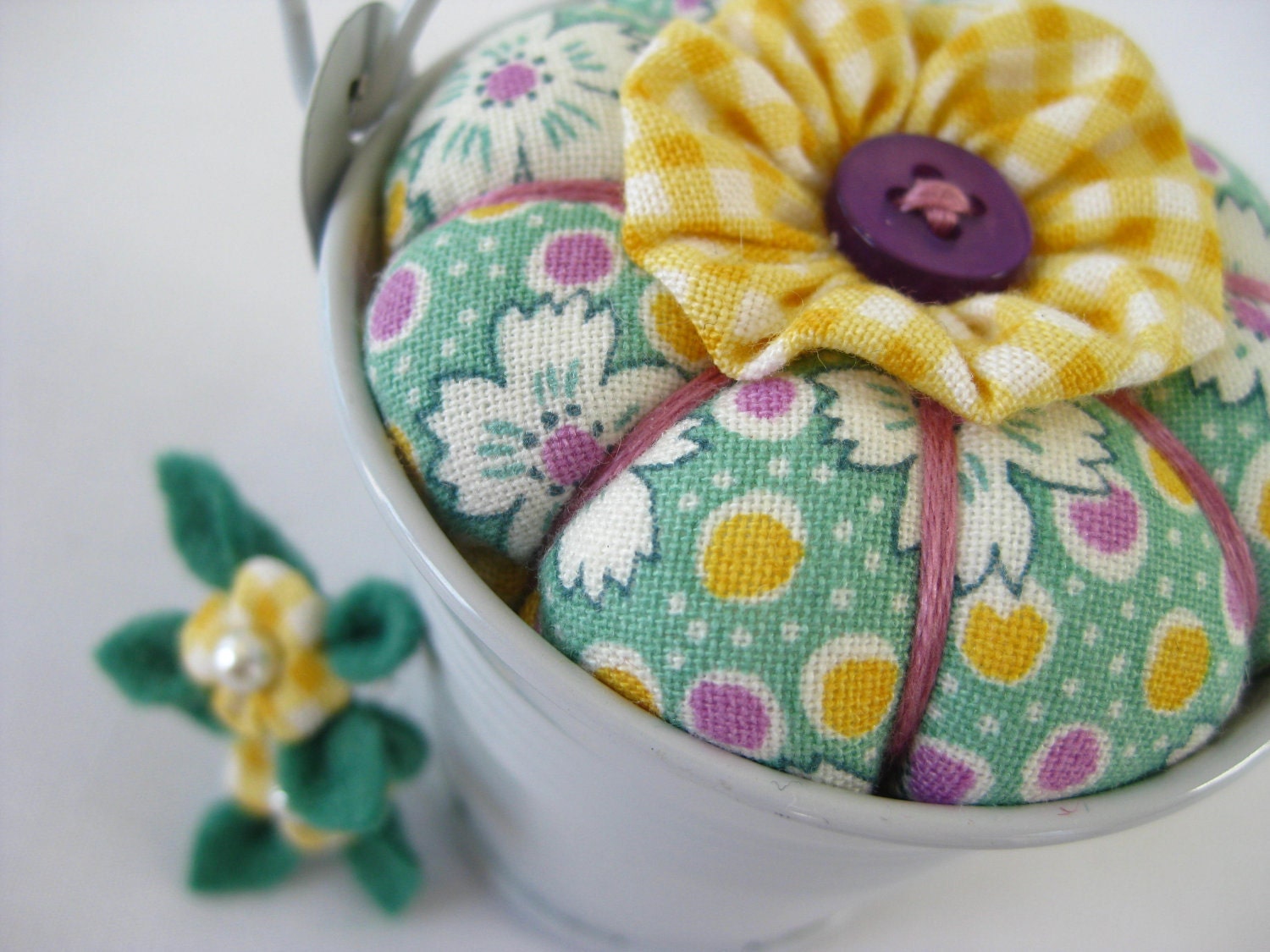 Pincushion Pail with Blossoms in Spring Morning