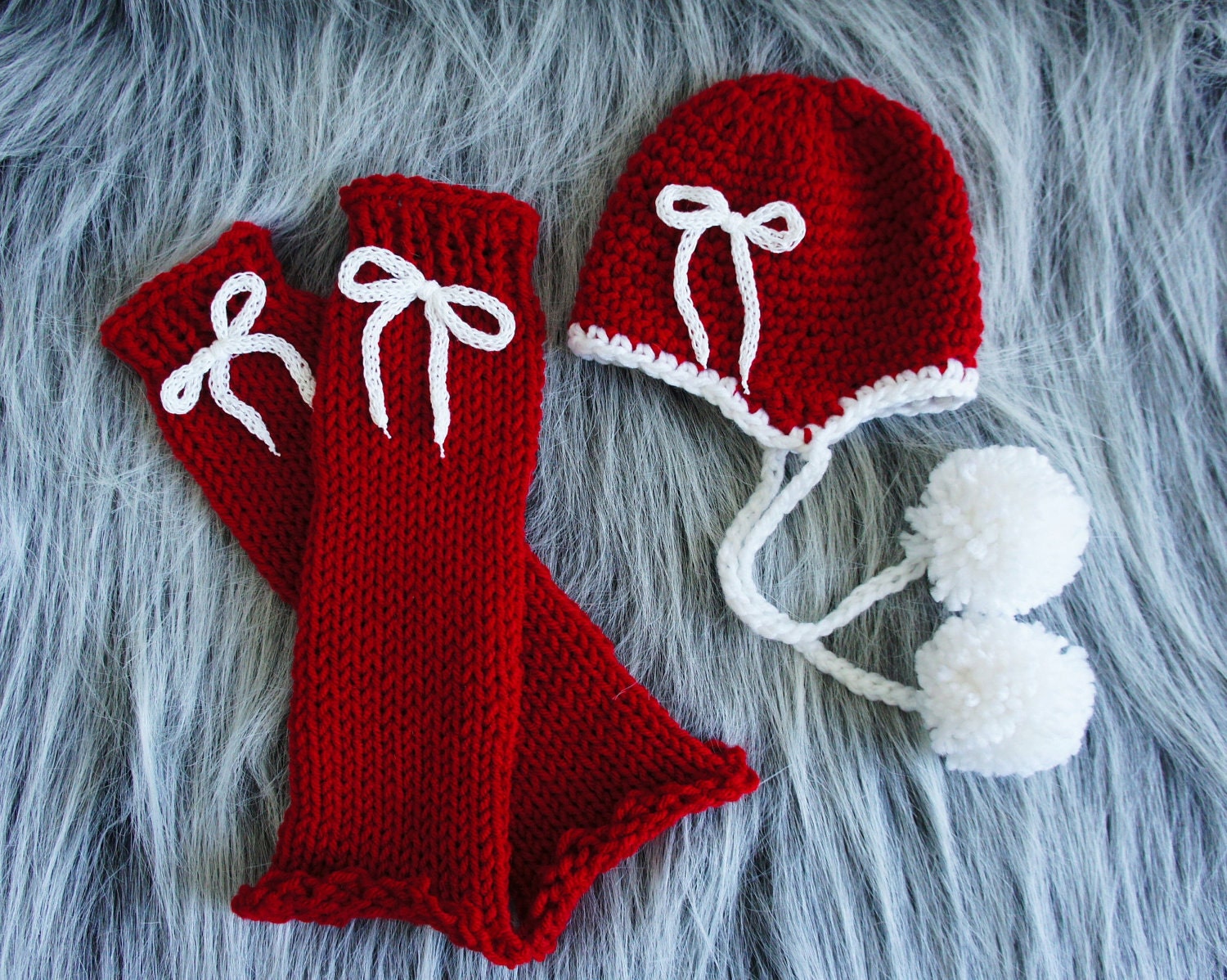 Christmas Baby Hat and Leg Warmers Set, in Traditional Red and White