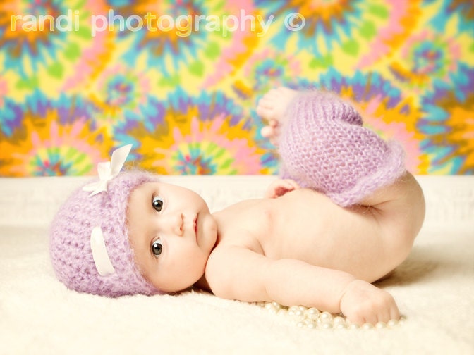 Crochet Baby Hat and Baby Leg Warmers Set, Newborn Photo Prop in Lavender Purple, Fuzzy and Chunky