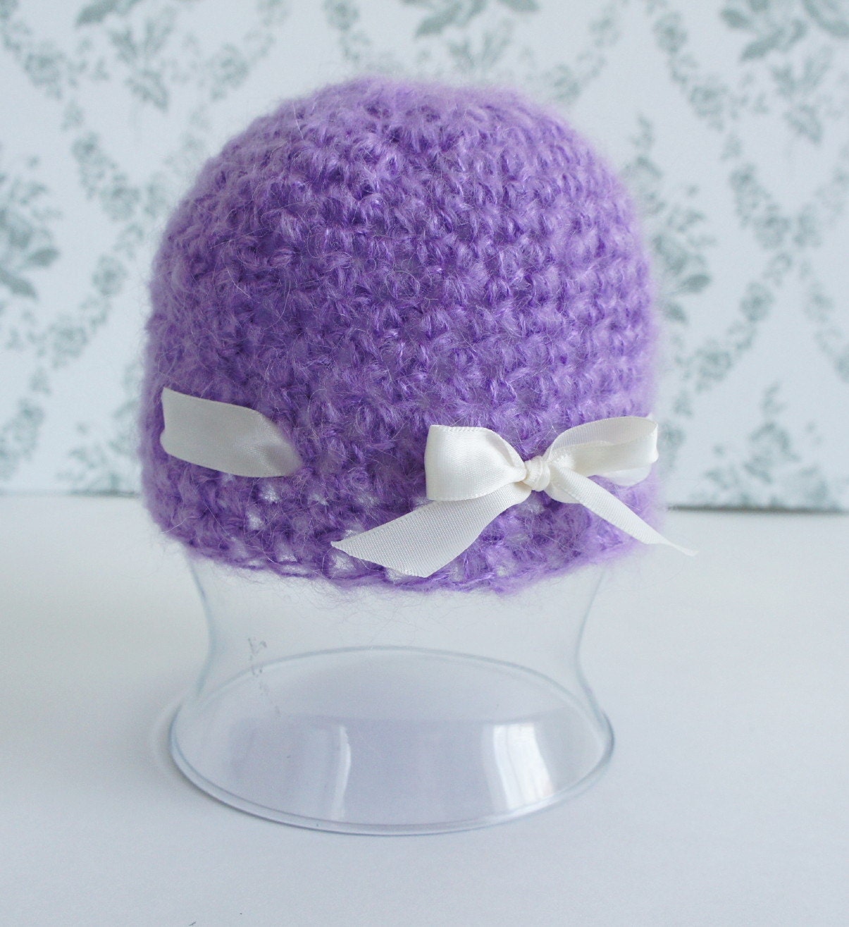 Crochet Baby Hat and Baby Leg Warmers Set, Newborn Photo Prop in Lavender Purple, Fuzzy and Chunky