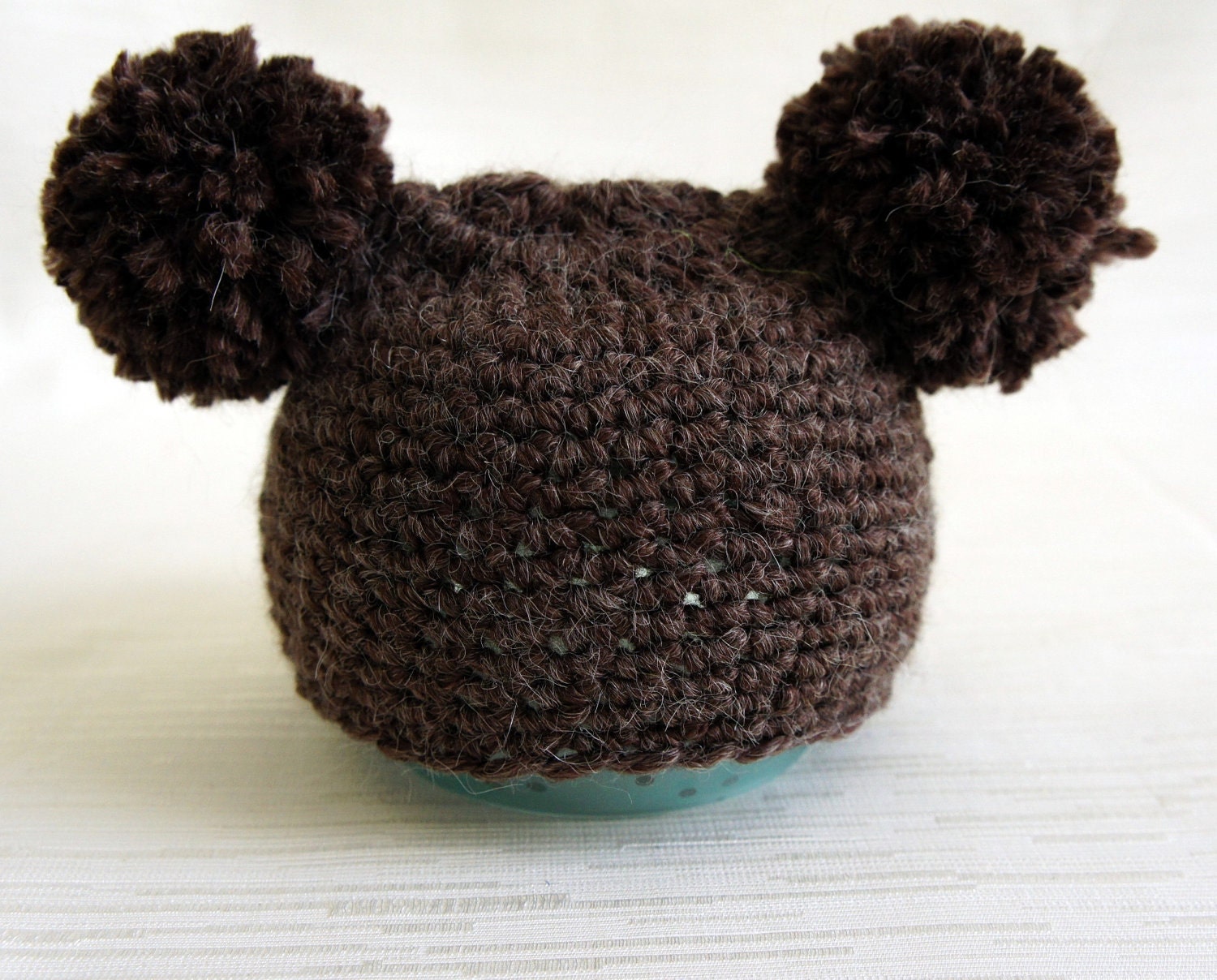 Pom Pom Knit Baby Hat, Baby Photo Prop, Bear Hat in Brown