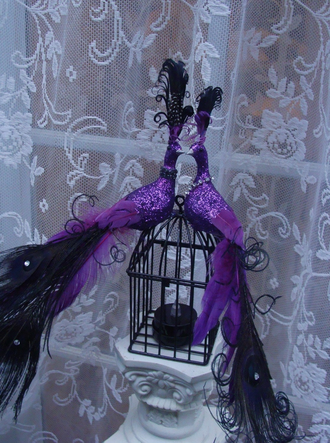 CUSTOM Kissing Peacock Lovebird pair cake topper in PURPLE and BLACK with Lighted Birdcage