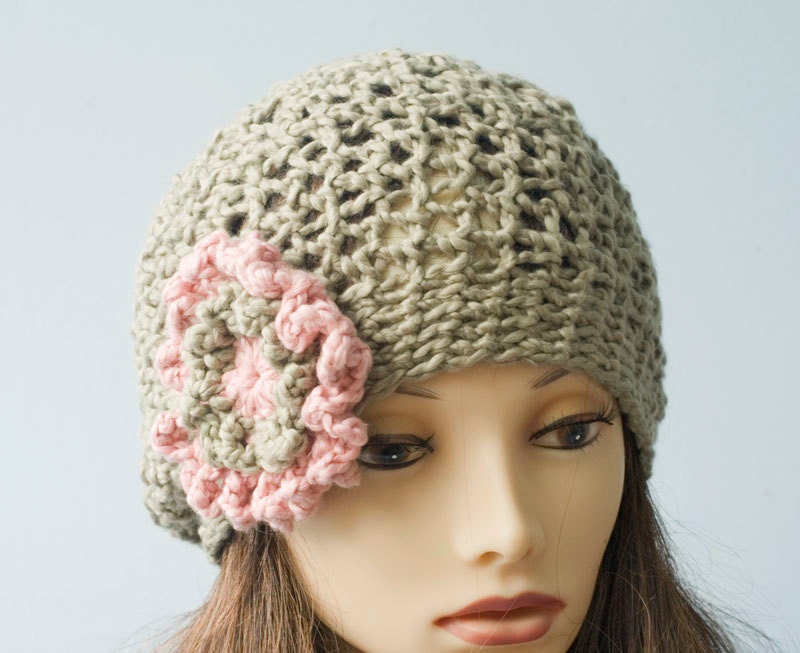 Flower Slouchy Hat, Organic Cotton, Green Pastel, Hand Crocheted Hat, Eco Friendly