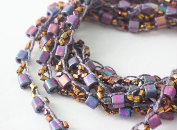 Boho Beaded Strand Necklace, Wrap Bracelet, Anklet, Bohemian Jewelry, Crochet Jewelry, Metallic