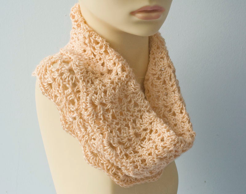 Crocheted Cowl Scarf, Womans Lace Infinity Scarf, Peach Silk Alpaca Circle Scarf, Neck Warmer, Woman's Scarf