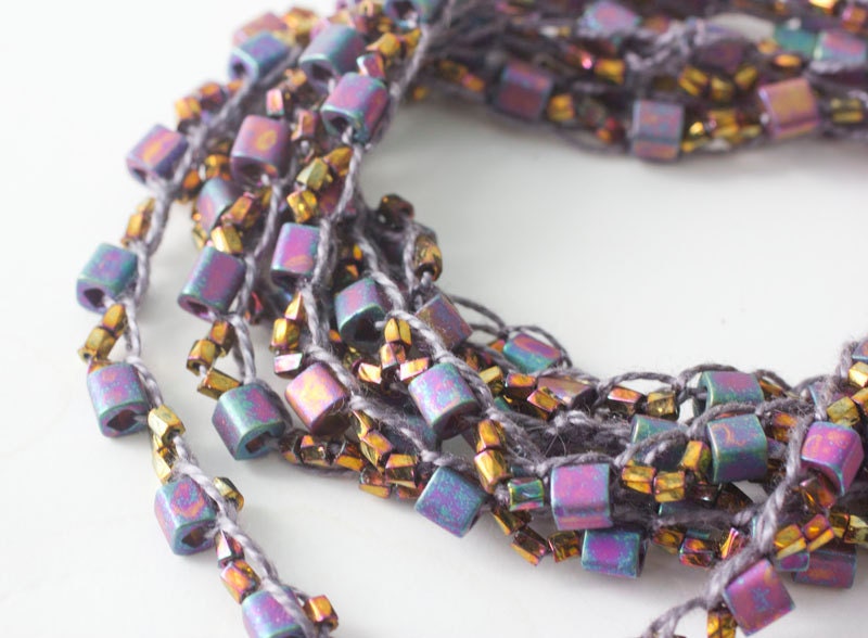 Boho Beaded Strand Necklace, Wrap Bracelet, Anklet, Bohemian Jewelry, Crochet Jewelry, Metallic