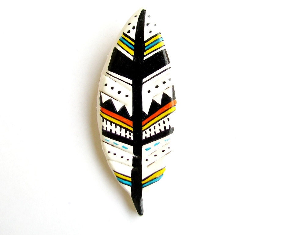 Multicolor hand painted feather brooch - yellow , orange and blue geometric pattern air-dried clay