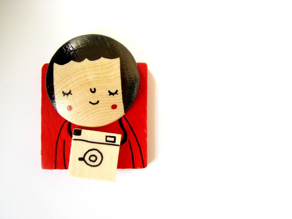 The Photographer Girl - Hand painted wooden Magnet or Brooch red