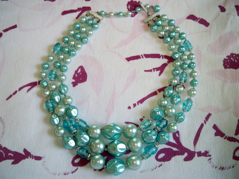 Vintage Turquoise Blue Art Glass Bead Necklace Japan