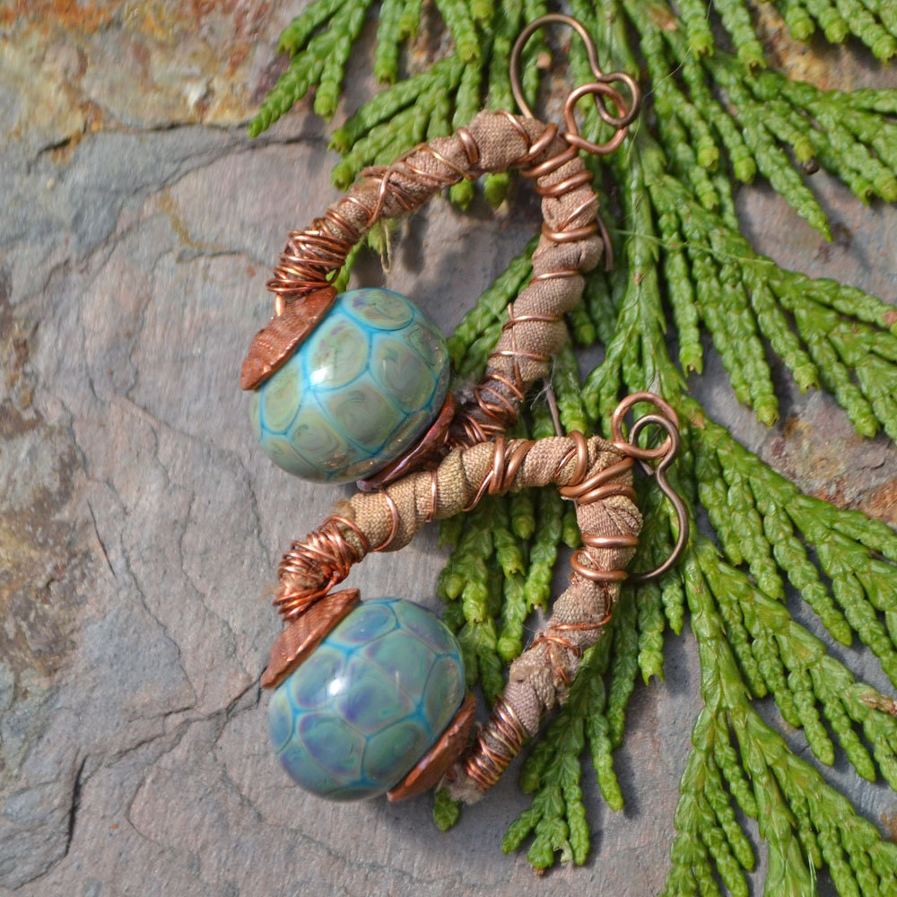 Turquoise Tortoise Lampwork Glass and Sari Silk Earrings
