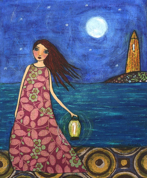 Fantasy Painting, Girl by Ocean Sea Painting Art Print on Wood