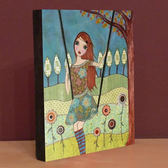 Folk art Girl Painting Art Print Block Whimsical Girl on Garden Swing