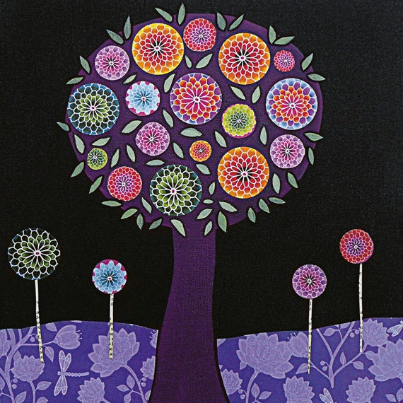 Modern Abstract Purple Flower Tree Painting Art Block Print
