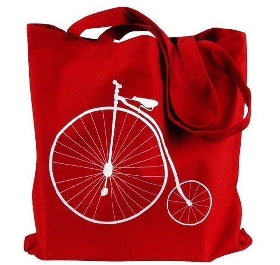 Canvas Tote Bag - Penny Farthing Bike Print on Red Bag