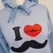 Mustache Hoodie - I Love Moustache Light Blue Sweatshirt - Unisex Sizes S, M, L, XL