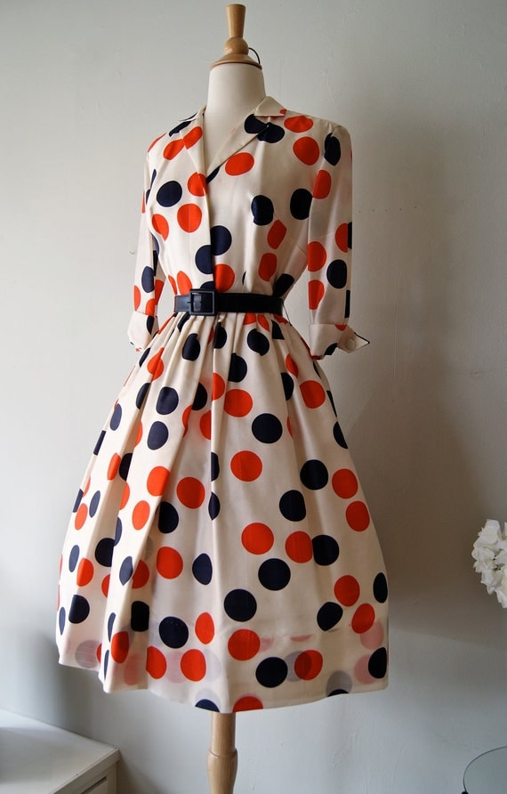 FABULOUS 1950's Silk Polka Dot Print Dress by Miss Brooks Red White and Blue Dots
