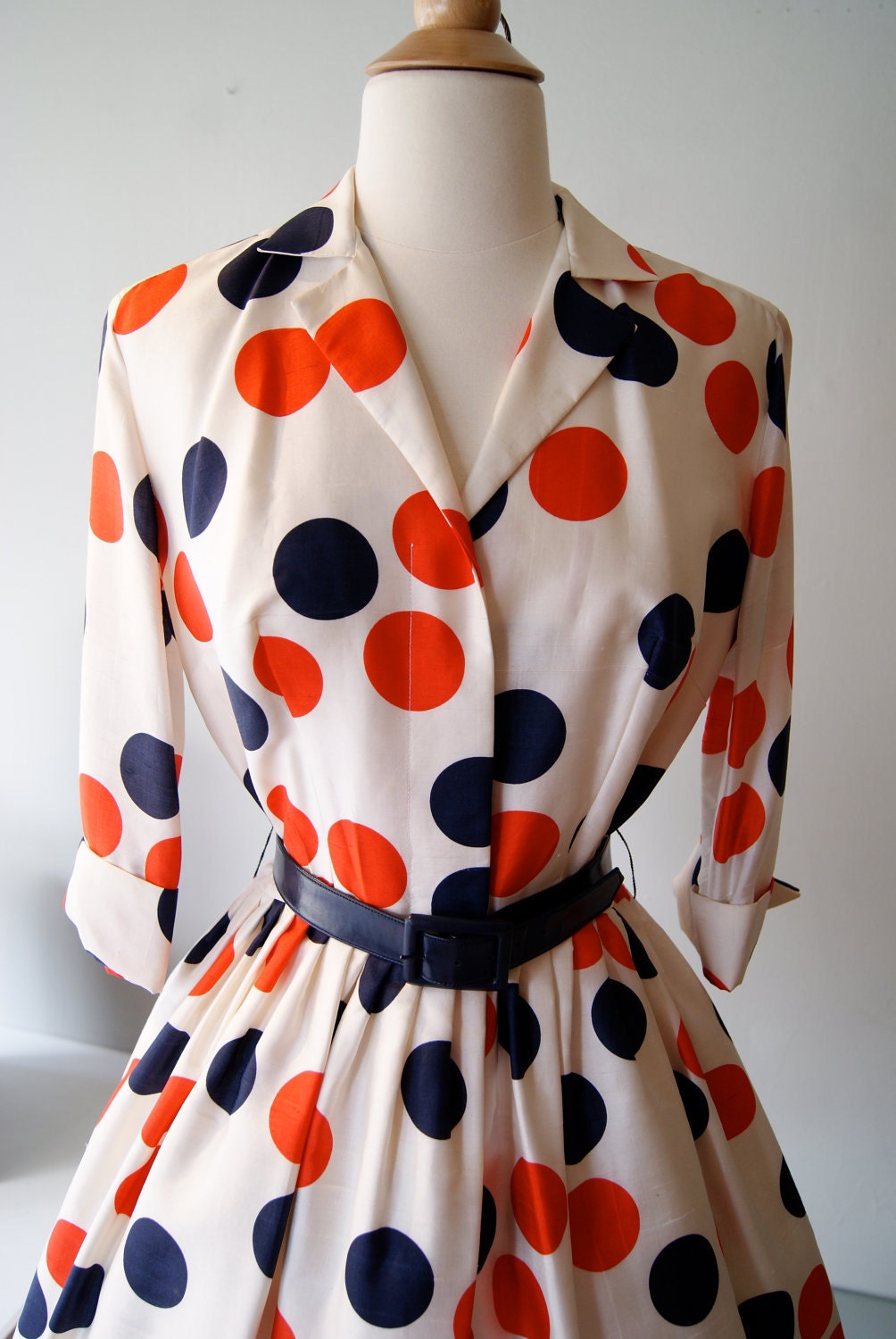 FABULOUS 1950's Silk Polka Dot Print Dress by Miss Brooks Red White and Blue Dots